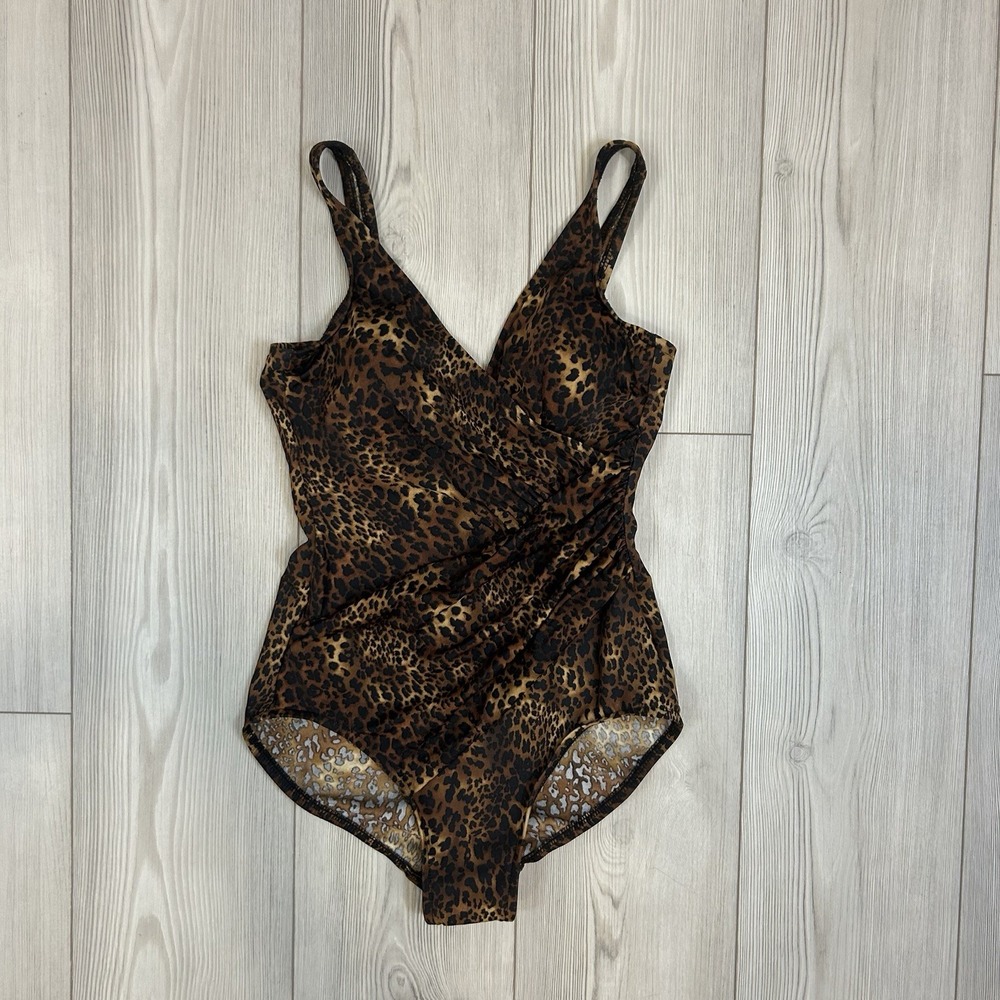 Miraclesuit Size US 10‎ Animal Print Faux Wrap One Piece Built In Bra Wireless